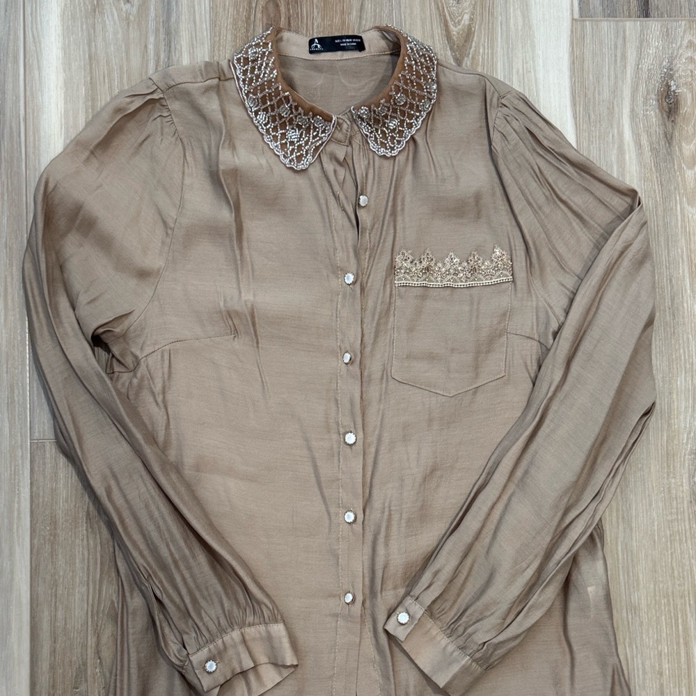 Tan Button-Up Blouse with Lace Collar